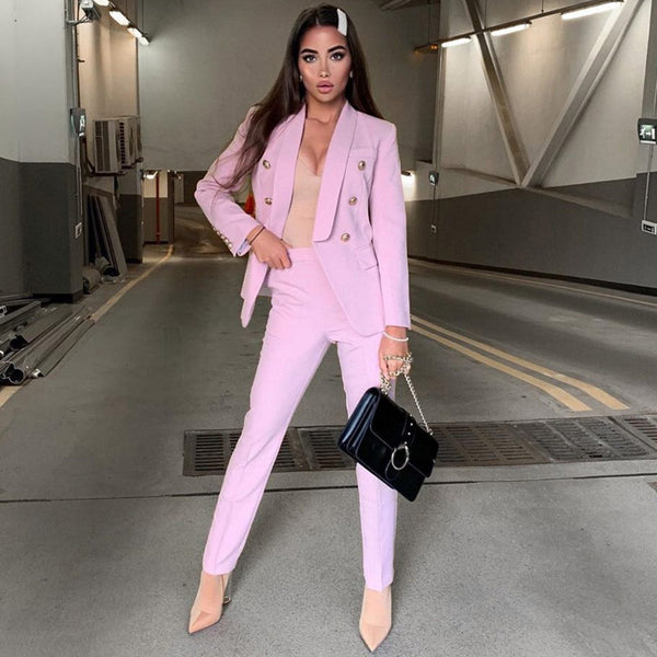 Straight Leg Double Breasted Sleeved Blazer Matching Set - Pink