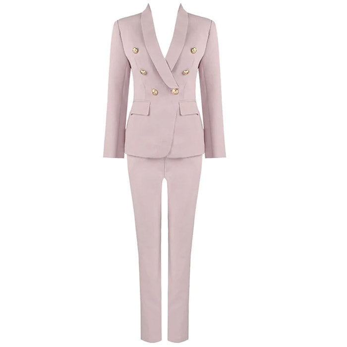 Straight Leg Double Breasted Sleeved Blazer Matching Set - Pink