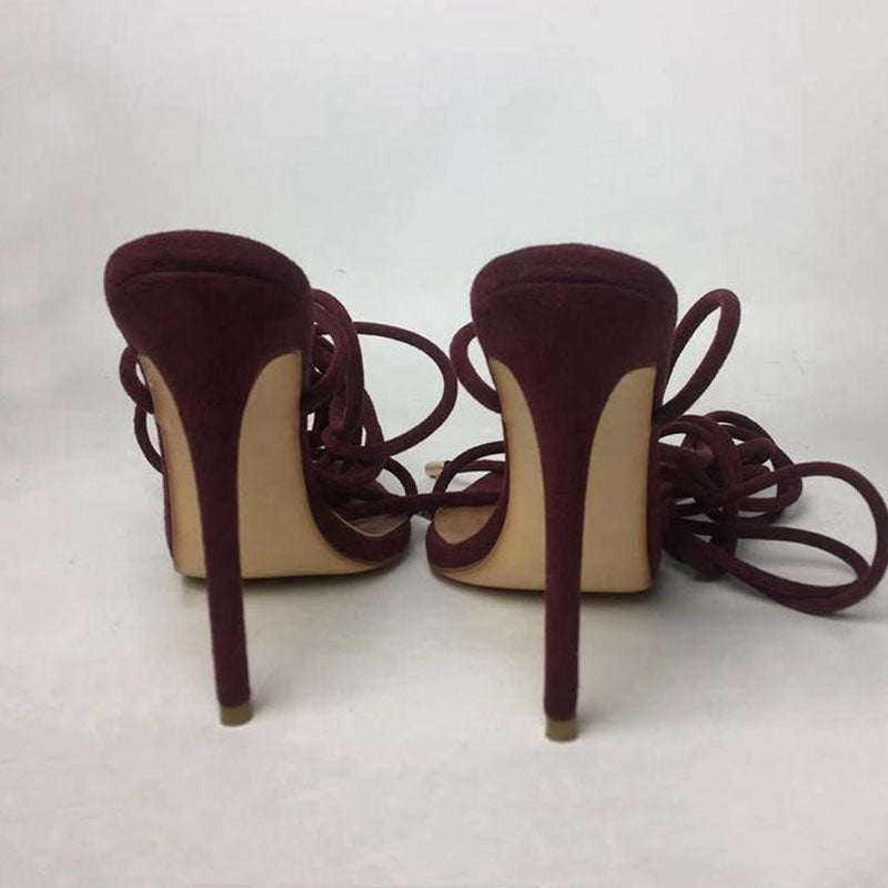 Strappy Lace Up Ankle Tie Pointed Toe Suede Heeled Sandals - Burgundy