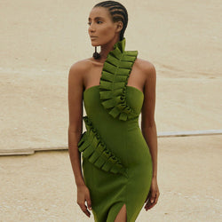 Striking Ruffle Detail One Shoulder Slit Bandage Midi Dress - Green