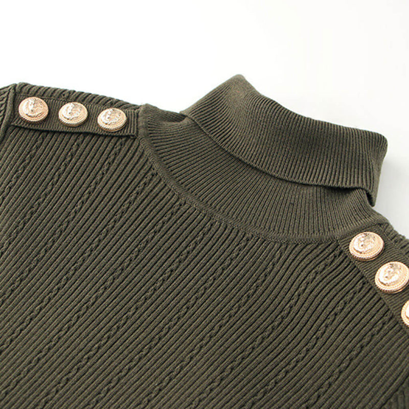 Stylish Button Detail Shoulder Pad Turtleneck Long Sleeve Cable Ribbed Knit Top