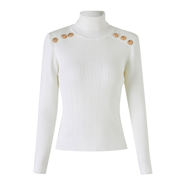 Stylish Button Detail Shoulder Pad Turtleneck Long Sleeve Cable Ribbed Knit Top