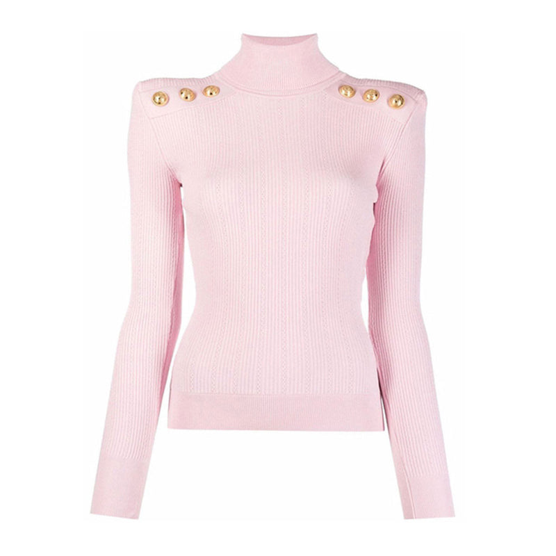 Stylish Button Detail Shoulder Pad Turtleneck Long Sleeve Cable Ribbed Knit Top