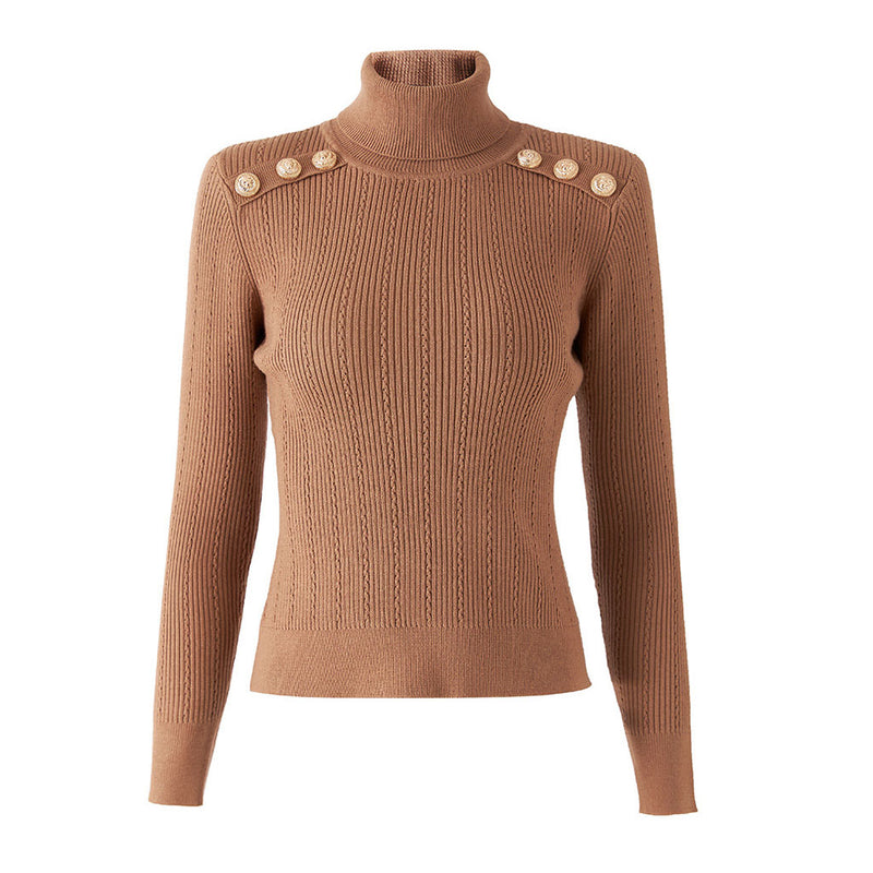 Stylish Button Detail Shoulder Pad Turtleneck Long Sleeve Cable Ribbed Knit Top