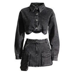 Stylish Button Down Cargo Pocket Micro Mini Denim Skirt Matching Set