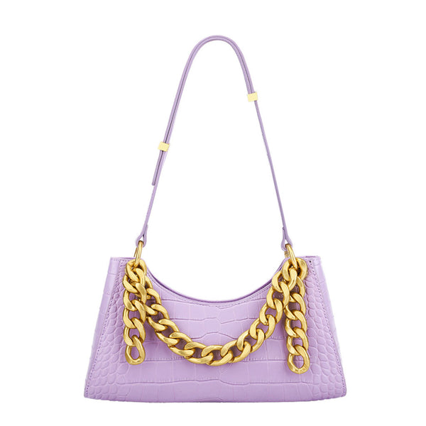 Stylish Crocodile Embossed Metal Chain Baguette Shoulder Bag - Purple