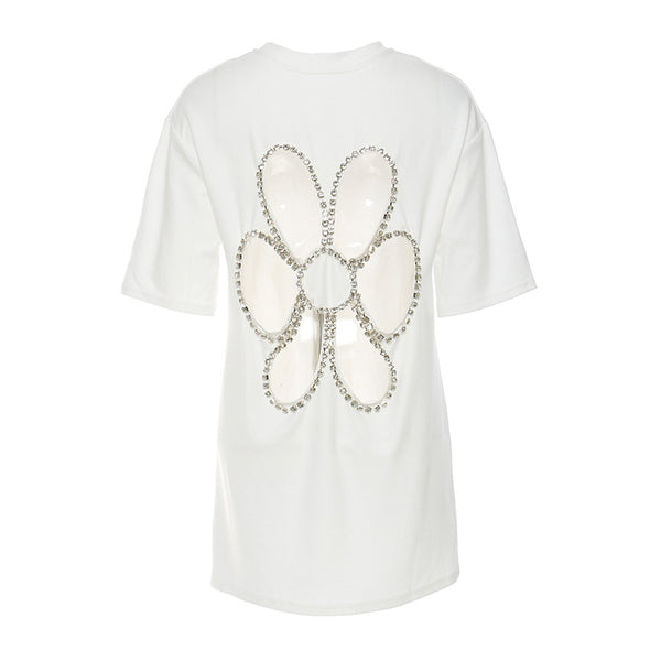 Stylish Crystal Embellished Floral Cutout Short Sleeve Relaxed T Shirt