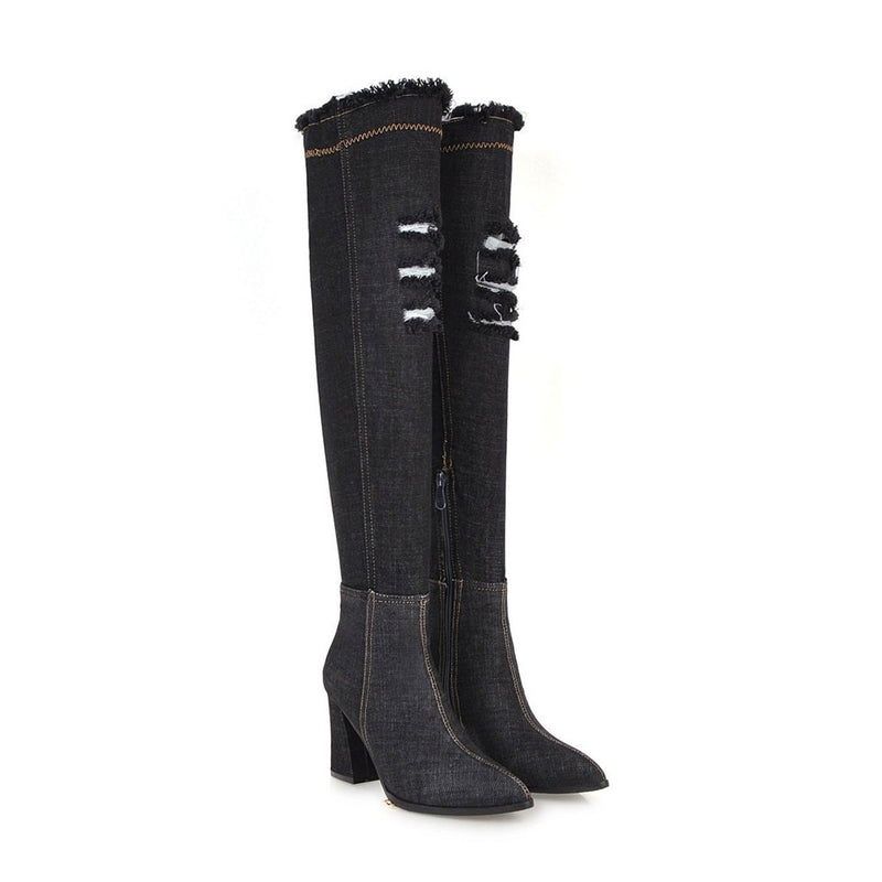 Stylish Distressed Denim Over Knee Pointed Toe Block Heel Boots - Black