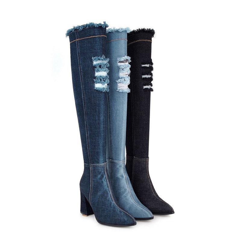 Stylish Distressed Denim Over Knee Pointed Toe Block Heel Boots - Dark Blue