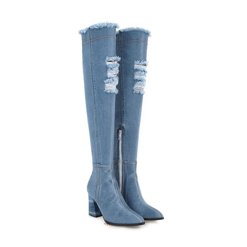 Stylish Distressed Denim Over Knee Pointed Toe Block Heel Boots - Light Blue