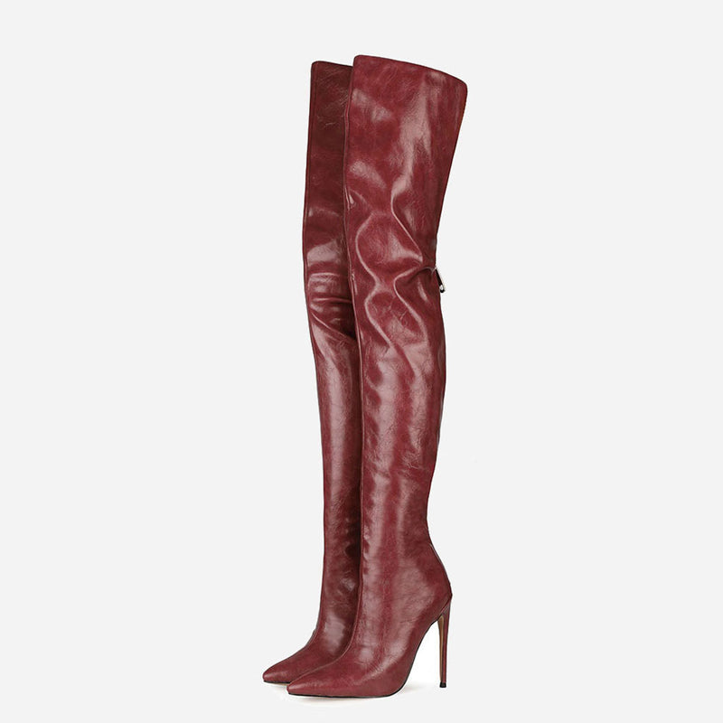 Stylish Pointed Toe Faux Leather Over Knee Stiletto Boots - Burgundy