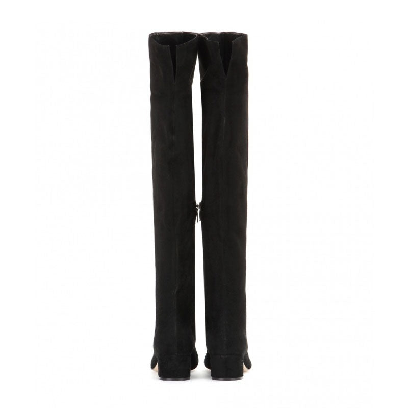 Stylish Round Toe Low Block Heeled Suede Over Knee Boots - Black