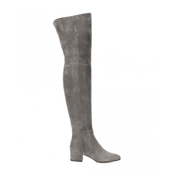 Stylish Round Toe Low Block Heeled Suede Over Knee Boots - Grey