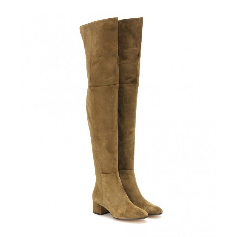 Stylish Round Toe Low Block Heeled Suede Over Knee Boots - Khaki