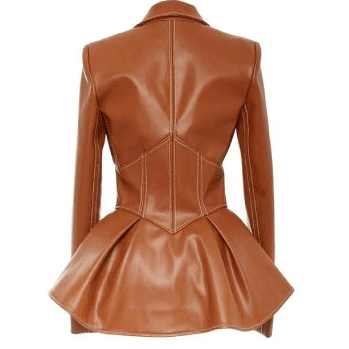 Stylish Ruffle Deep V Zip Front Lapel Leather Jacket - Coffee