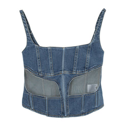 Stylish Square Neck Sleeveless Tulle Panel Denim Corset Crop Top