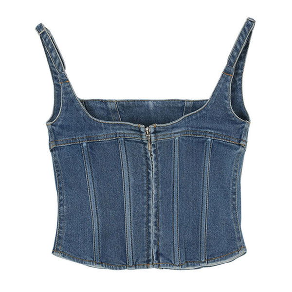 Stylish Square Neck Sleeveless Tulle Panel Denim Corset Crop Top