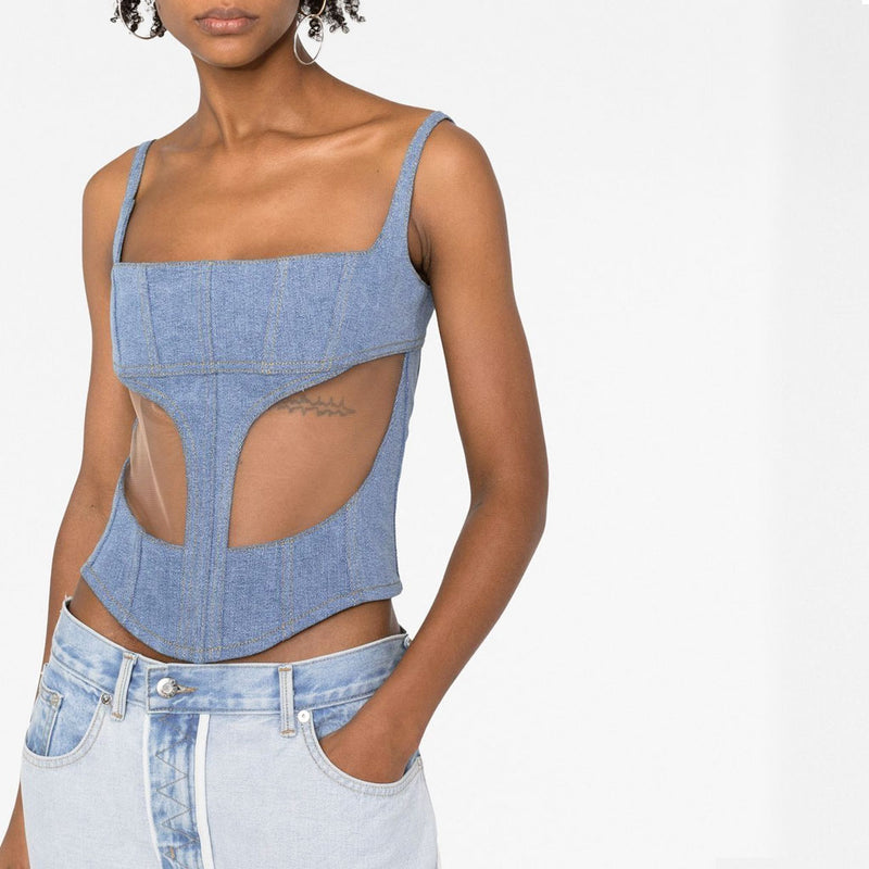 Stylish Square Neck Sleeveless Tulle Panel Denim Corset Crop Top