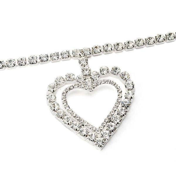 Sweet Double Heart Pendant Crystal Embellished Collar Necklace - Silver