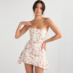 Sweet Floral Strapless Pleated Corset Draped Satin Mini Dress - Pink