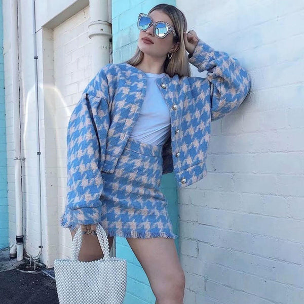 Sweet Houndstooth High Waist Long Sleeve Tweed Matching Set - Blue