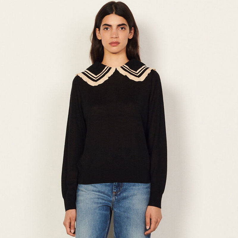 Sweet Peter Pan Collar Long Sleeve Pullover Sweater - Black