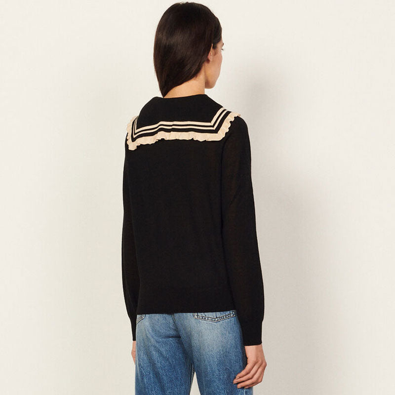 Sweet Peter Pan Collar Long Sleeve Pullover Sweater - Black