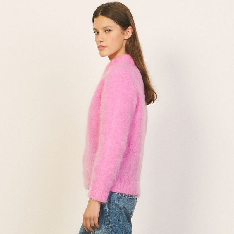 Sweet Round Neck Long Sleeve Mohair Knit Pullover Sweater - Hot Pink