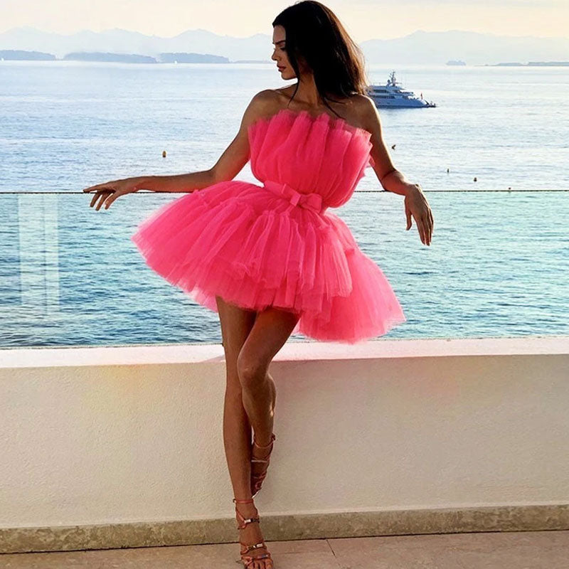 Sweet Strapless Ruffle Bowknot Front Tulle Bandeau Mini Dress - Rose