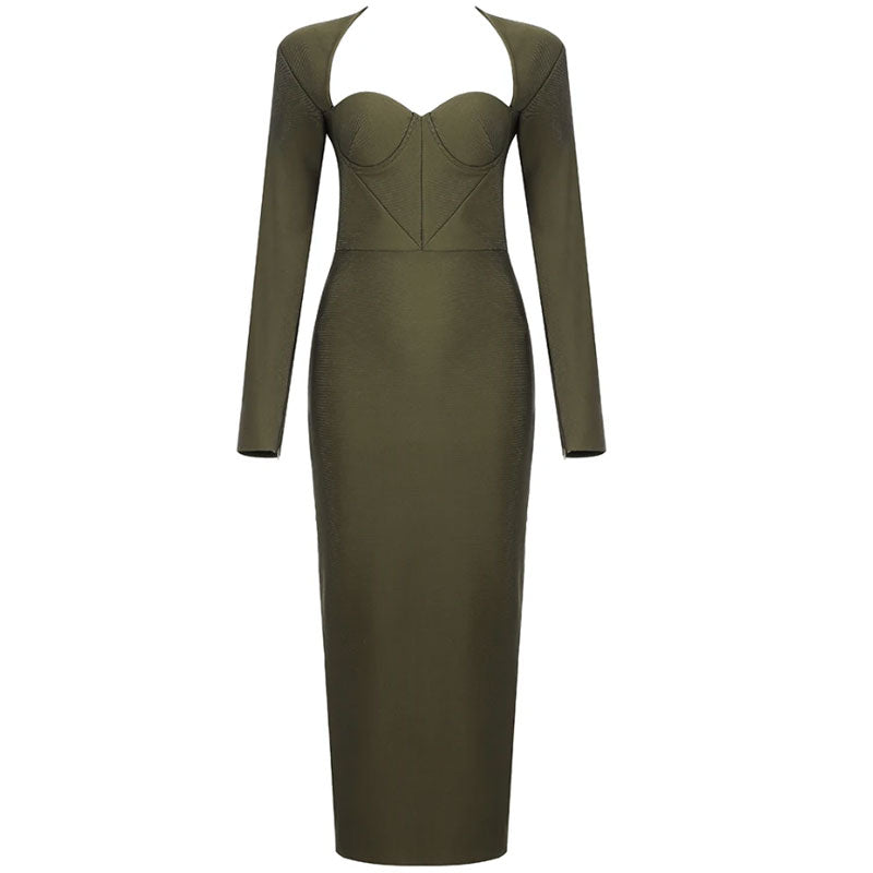 Sweetheart Neck Long Sleeve Bustier Bandage Midi Dress - Army Green