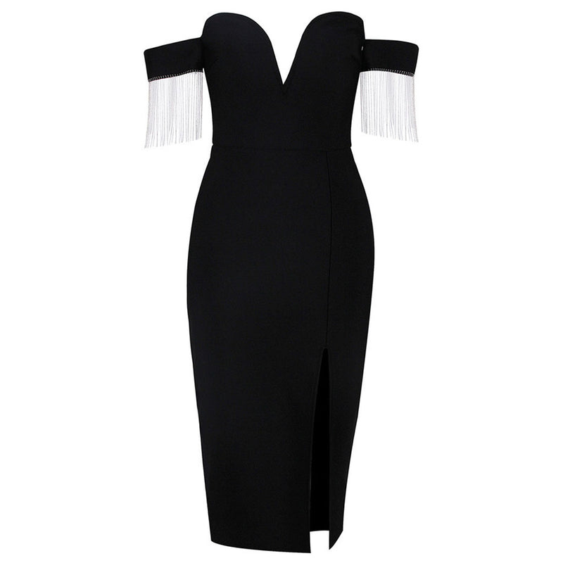 Sweetheart Off The Shoulder Crystal Tassel Bandage Midi Dress - Black