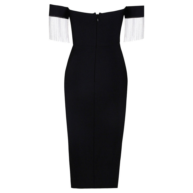 Sweetheart Off The Shoulder Crystal Tassel Bandage Midi Dress - Black