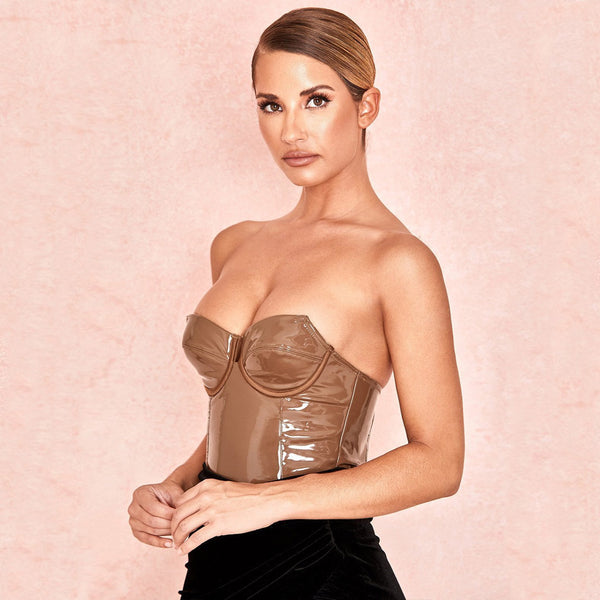 Sweetheart Strapless Push Up Leather Bodysuit - Coffee