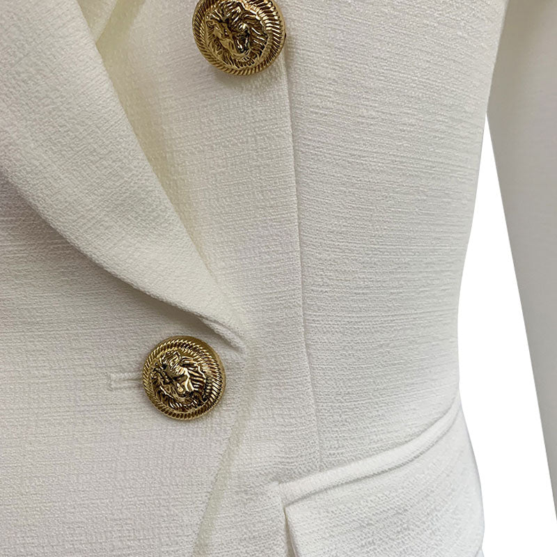 Textured Gold Button Detail Peak Lapel Double Breasted Tailored Blazer