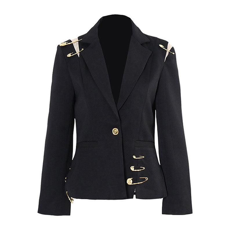 Trendsetting Safety Pin Mesh Panel Notch Lapel Single Button Tailored Blazer