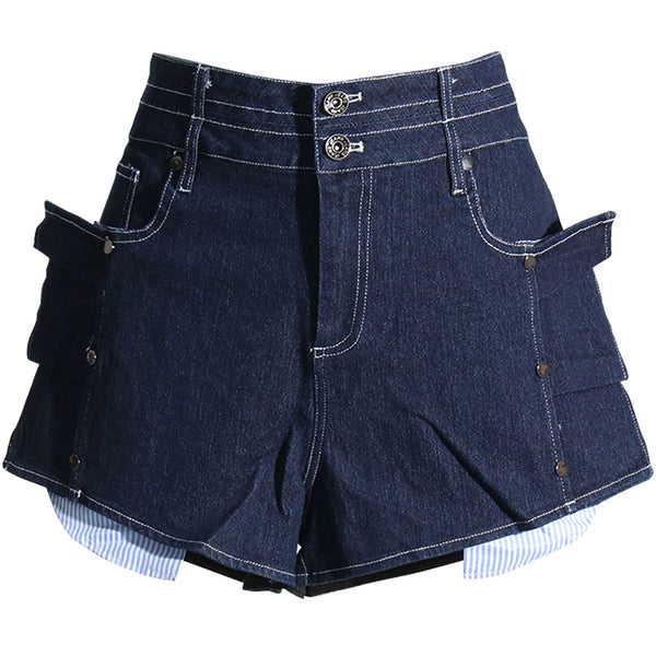 Trendy Contrast Ruffle Trim High Waist Relaxed Indigo Denim Shorts