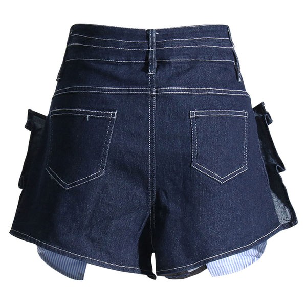 Trendy Contrast Ruffle Trim High Waist Relaxed Indigo Denim Shorts