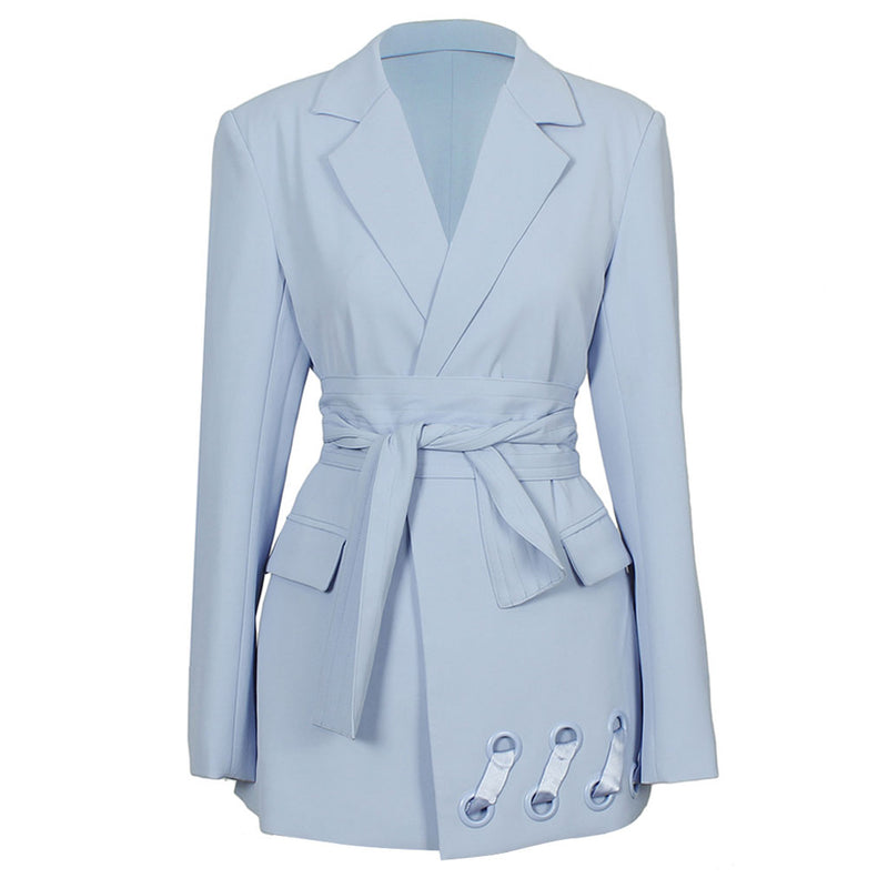 Trendy Eyelet Detail Belted Long Sleeve Lapel Collar Blazer - Blue