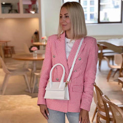 Trendy Gingham Long Sleeve Button Front Lapel Collar Blazer - Pink