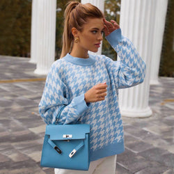 Trendy High Neck Long Sleeve Houndstooth Knit Pullover Sweater - Blue