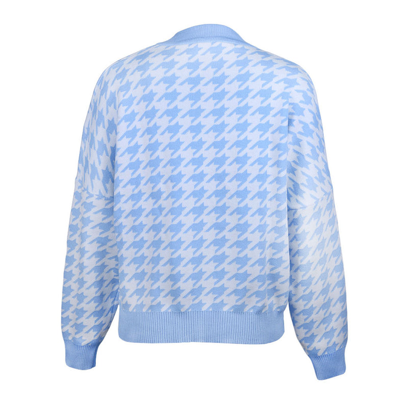 Trendy High Neck Long Sleeve Houndstooth Knit Pullover Sweater - Blue