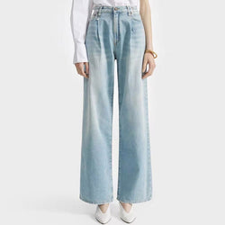 Trendy High Waist Fade Detail Pleated Wide Leg Jeans - Faded Blue