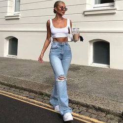 Trendy High Waist Wide Leg Ripped Boyfriend Jeans - Light Blue