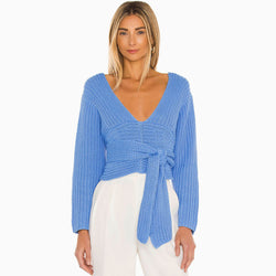 Trendy Long Sleeve Self Tie Deep V Knit Sweater - Blue