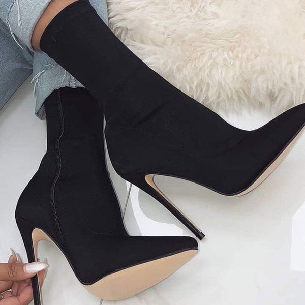 Trendy Pointed Toe Side Zip Stiletto Heeled Suede Boots - Black