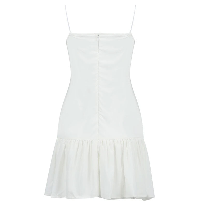 Trendy Ruched Spaghetti Strap Ruffle Little White Mini Dress - White