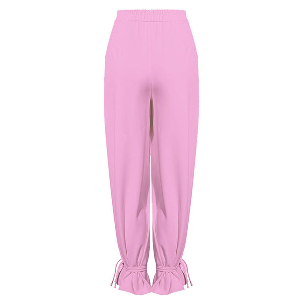 Trendy Solid Color Ankle Tie High Waist Wide Leg Pants