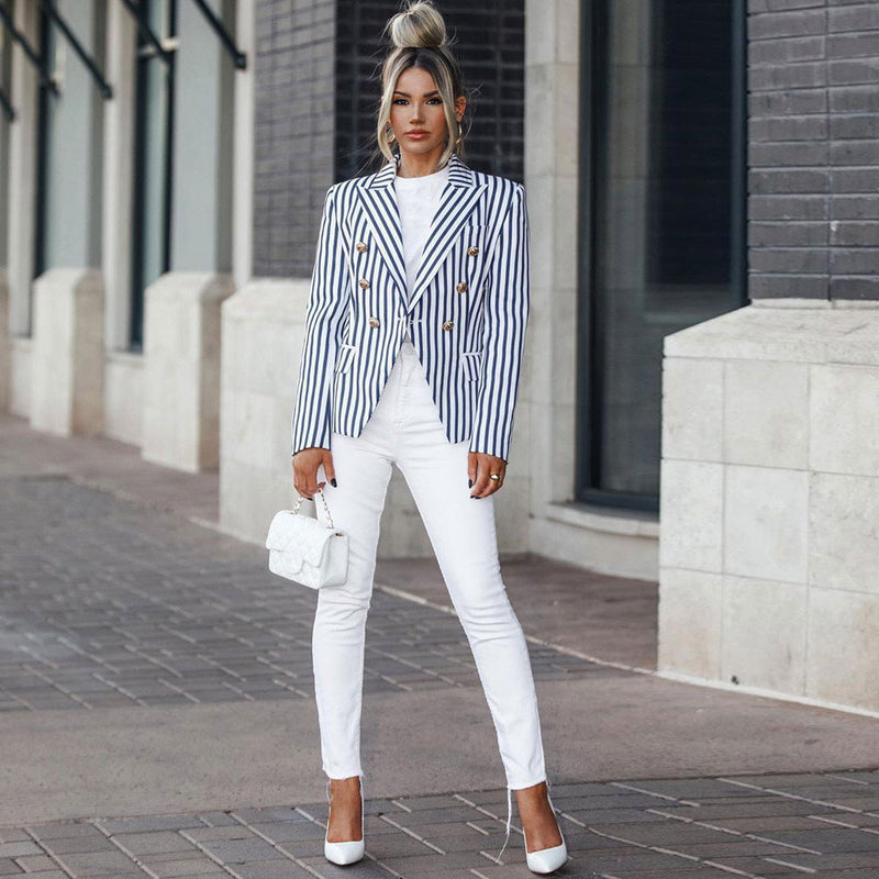 Trendy Vertical Stripe Double Breasted Collared Blazer - White