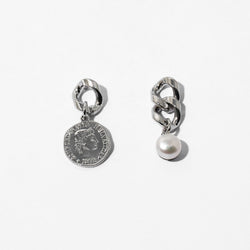 Unique Coin Pearl Pendant Chunky Chain Drop Earrings - Silver