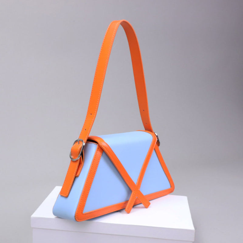 Unique Contrast Piping Geometric Leather Shoulder Bag - Blue